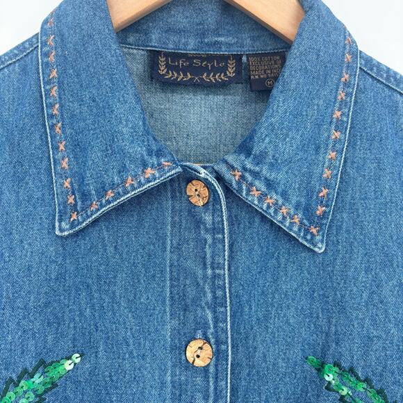 Life Style Denim Sequin Tropical Monkey Vest Size M - Picture 5 of 8